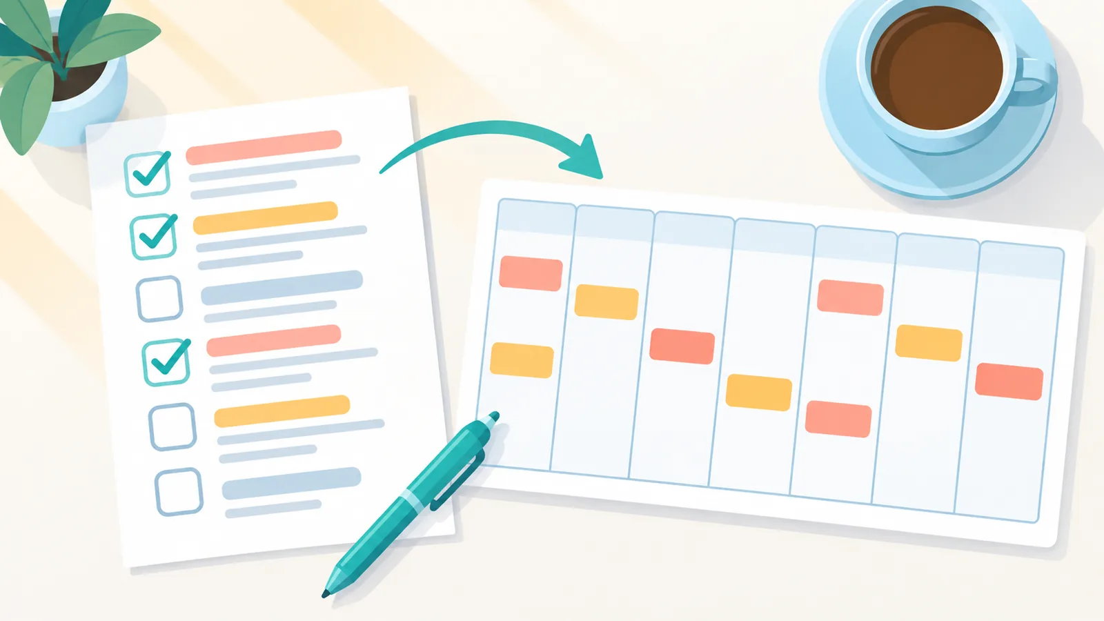 Checklist, weekplanner en een kop koffie op een nette tafel