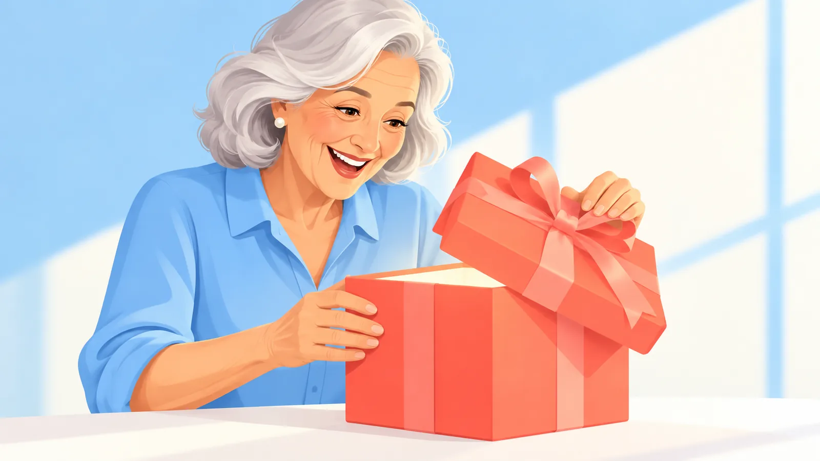 Een vrouw kijkt glimlachend naar een uitgepakt cadeau aan een keukentafel