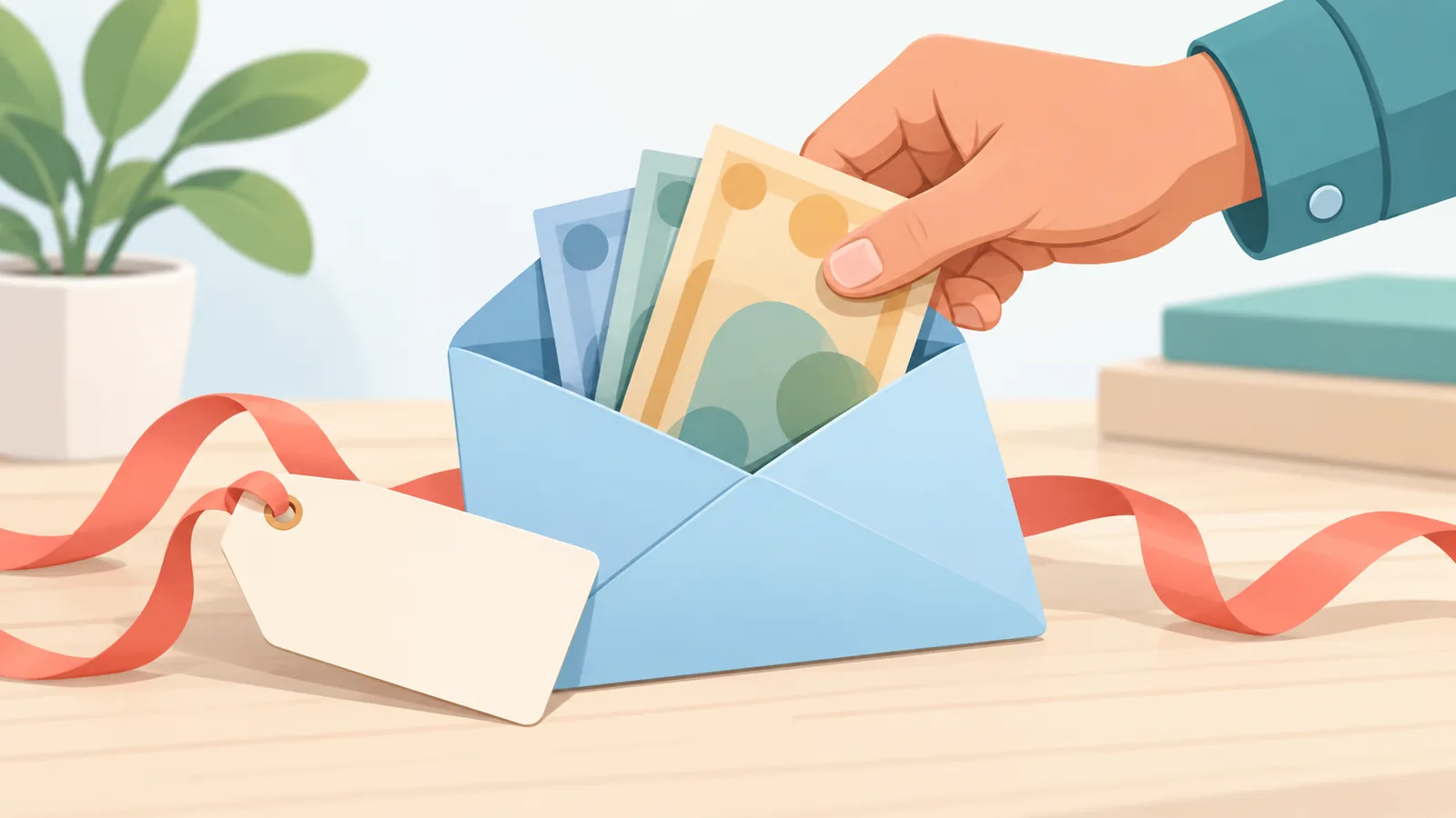 Een hand legt bankbiljetten in een envelop naast een cadeaulabel
