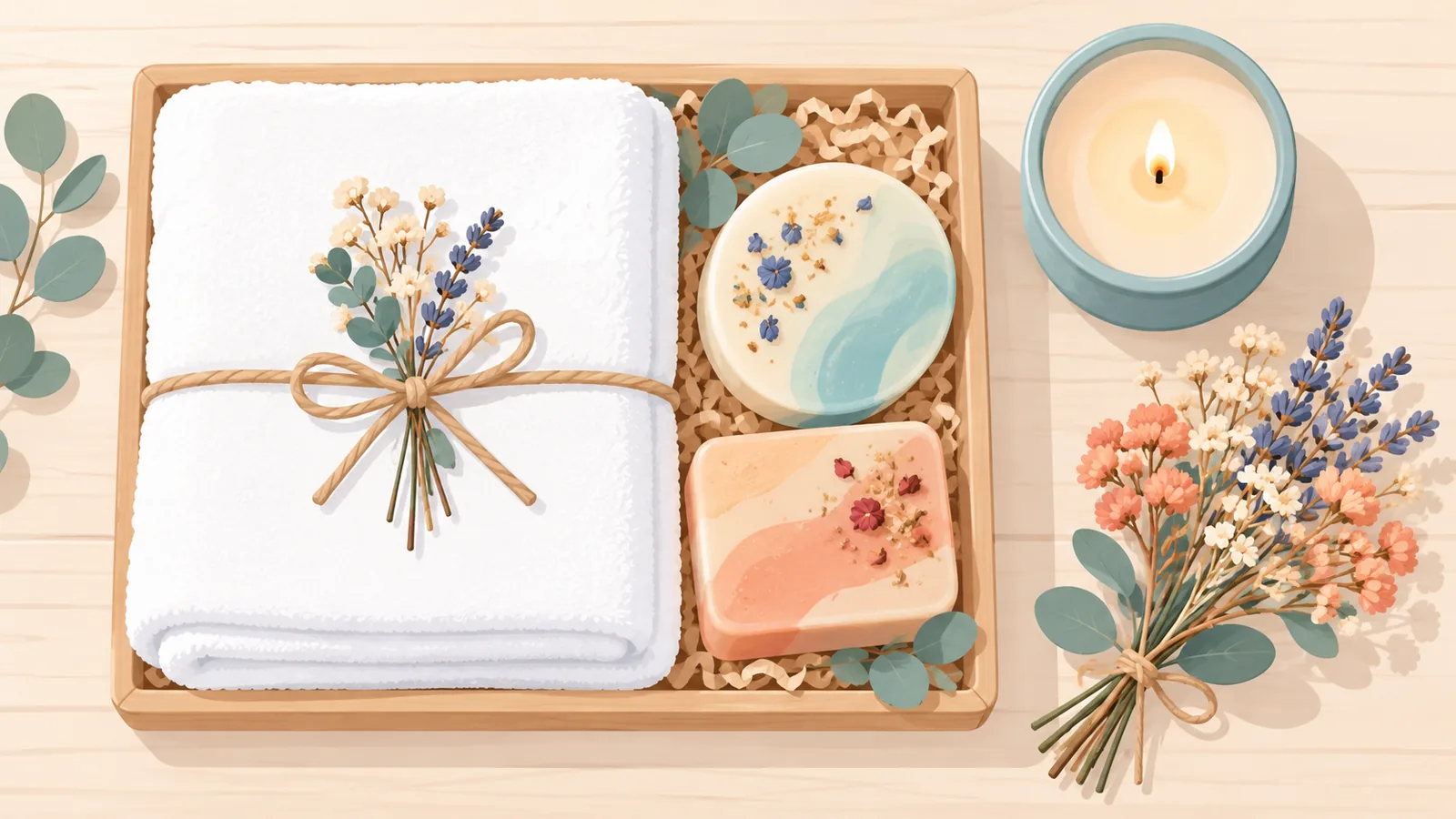 Een verwenset met zeep, handdoek en kaars op een lichte houten tafel