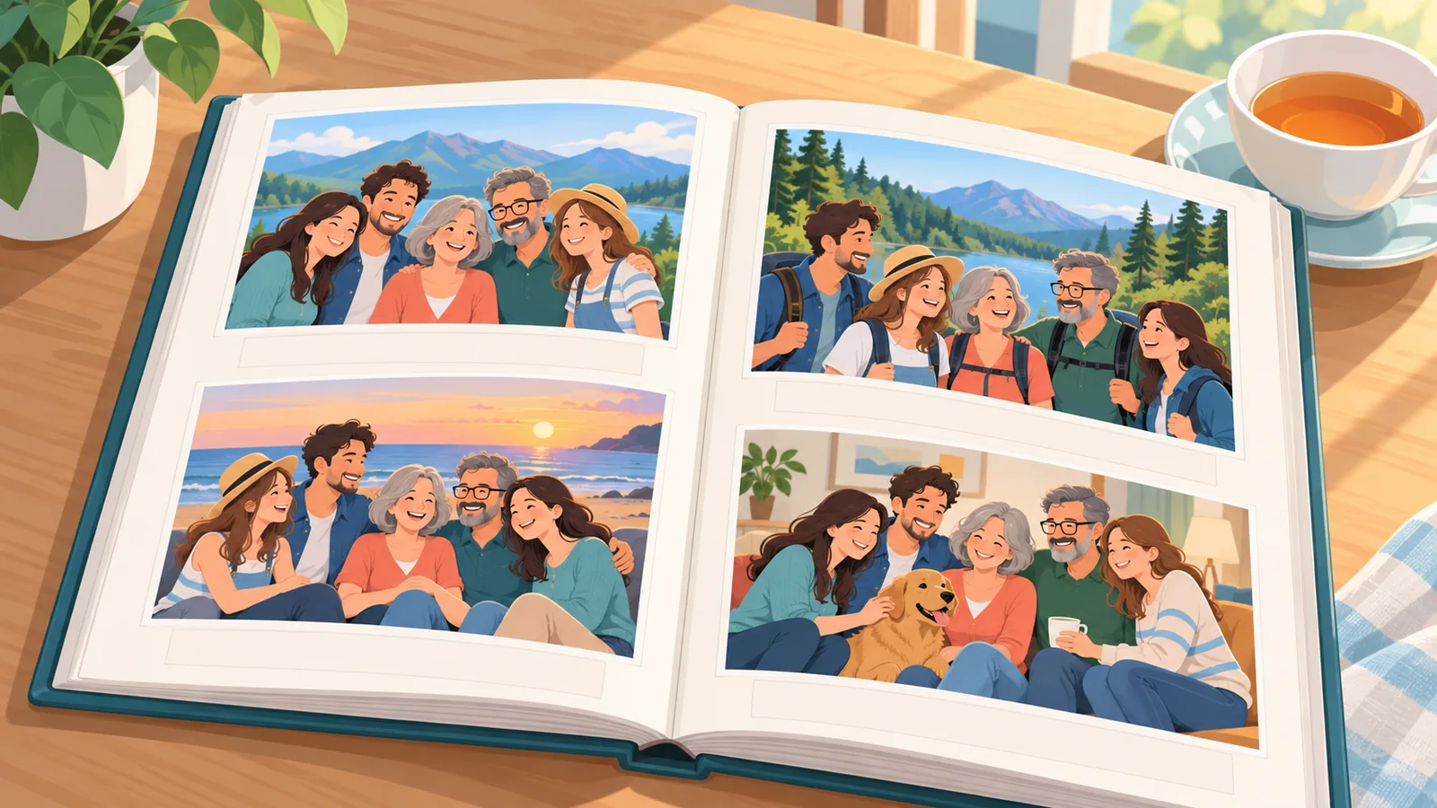 Een opengeslagen fotoboek met foto’s en handgeschreven bijschriften naast een kop thee