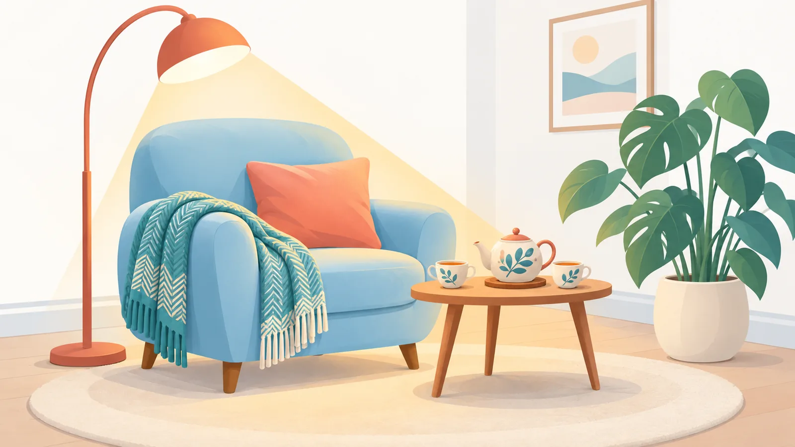 Een gezellige woonkamer met een plaid, een kamerplant en een theeset