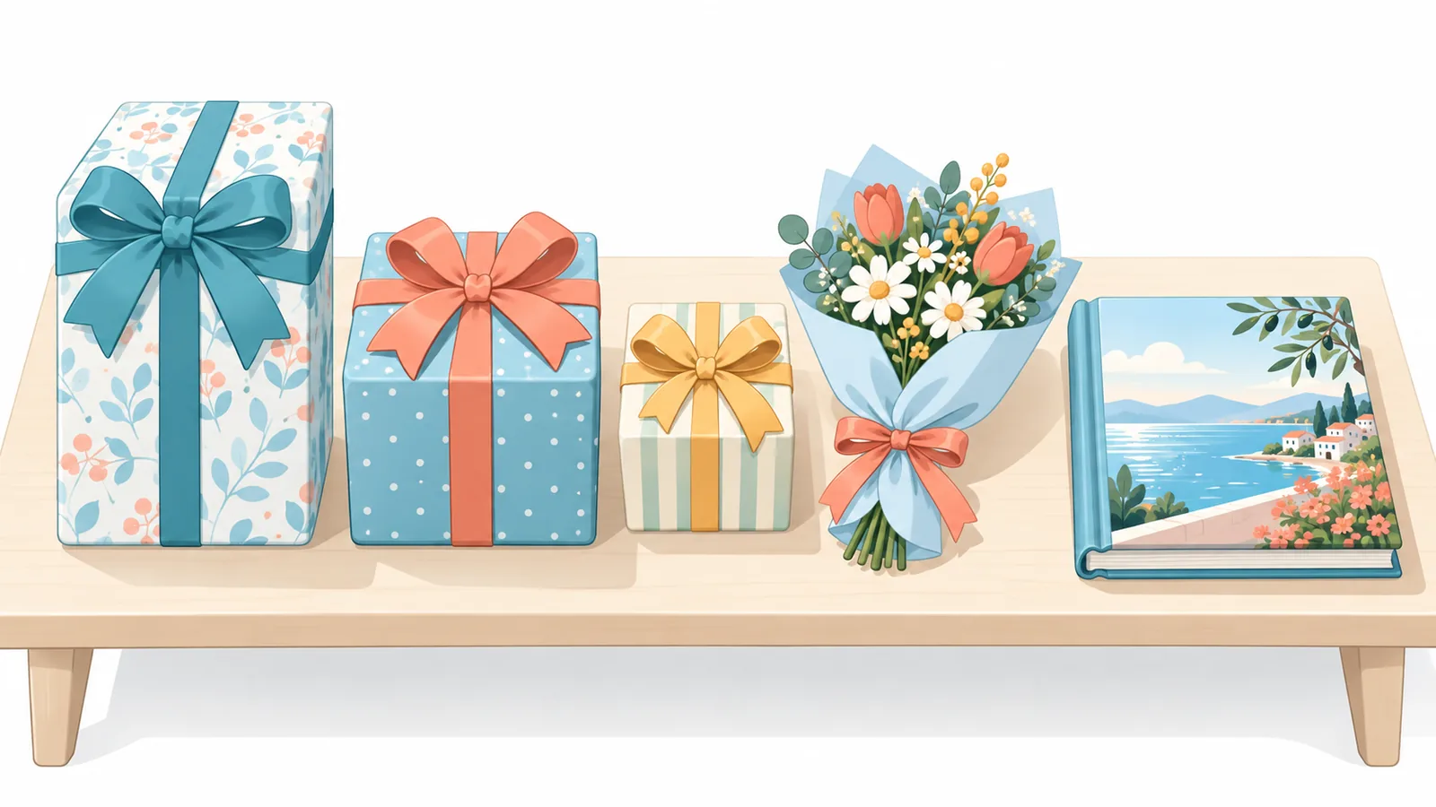 Verschillende cadeaus van klein tot groot netjes naast elkaar op een tafel