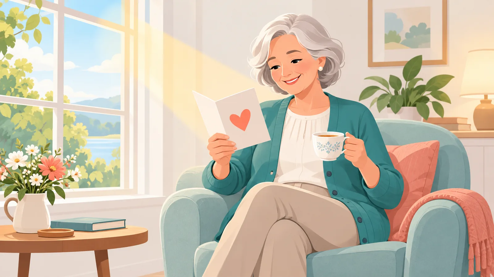 Een vrouw leest rustig een kaart met een kop thee in haar hand