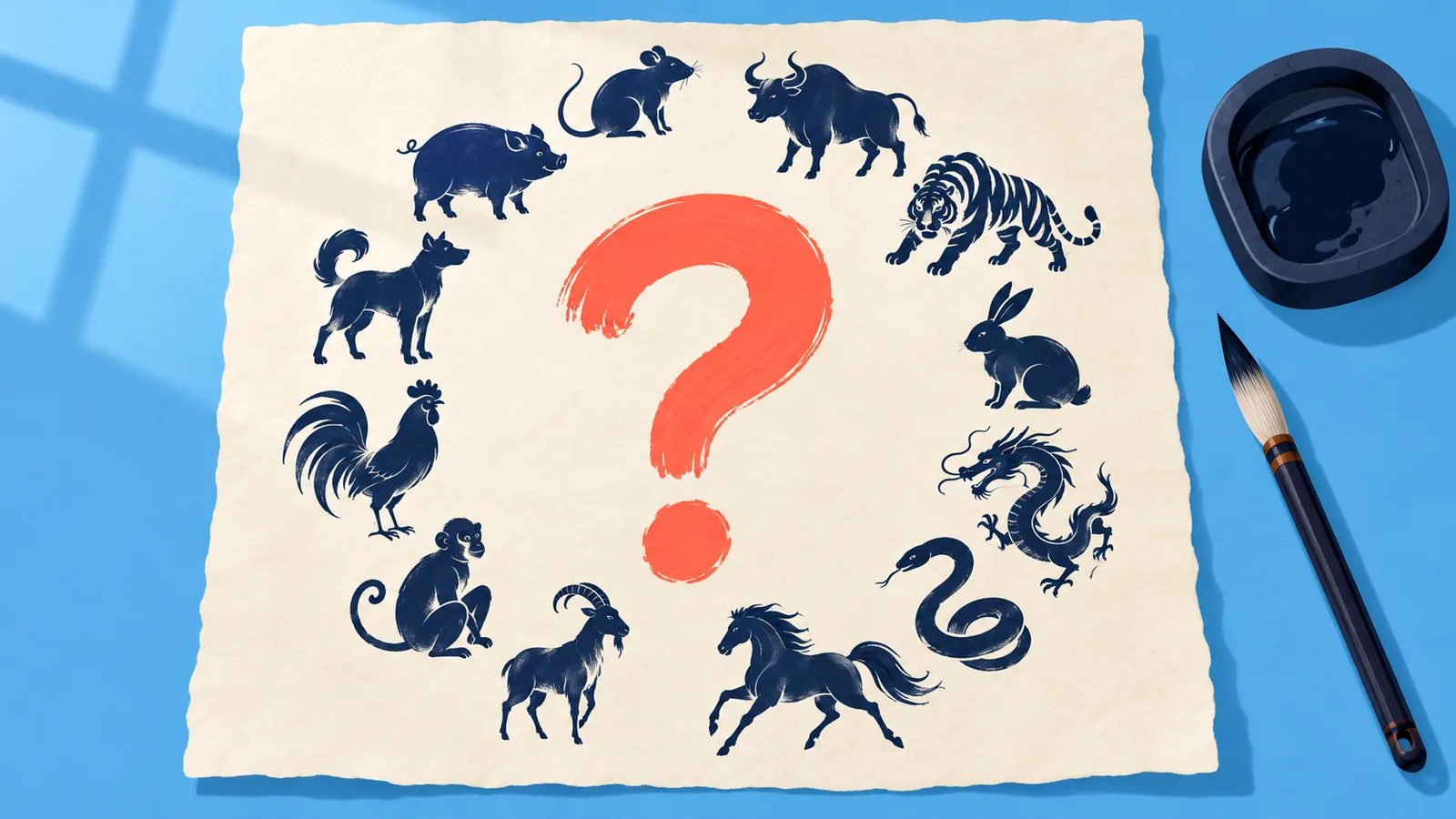 Papier met een penseelvraagteken omringd door de twaalf dierensymbolen