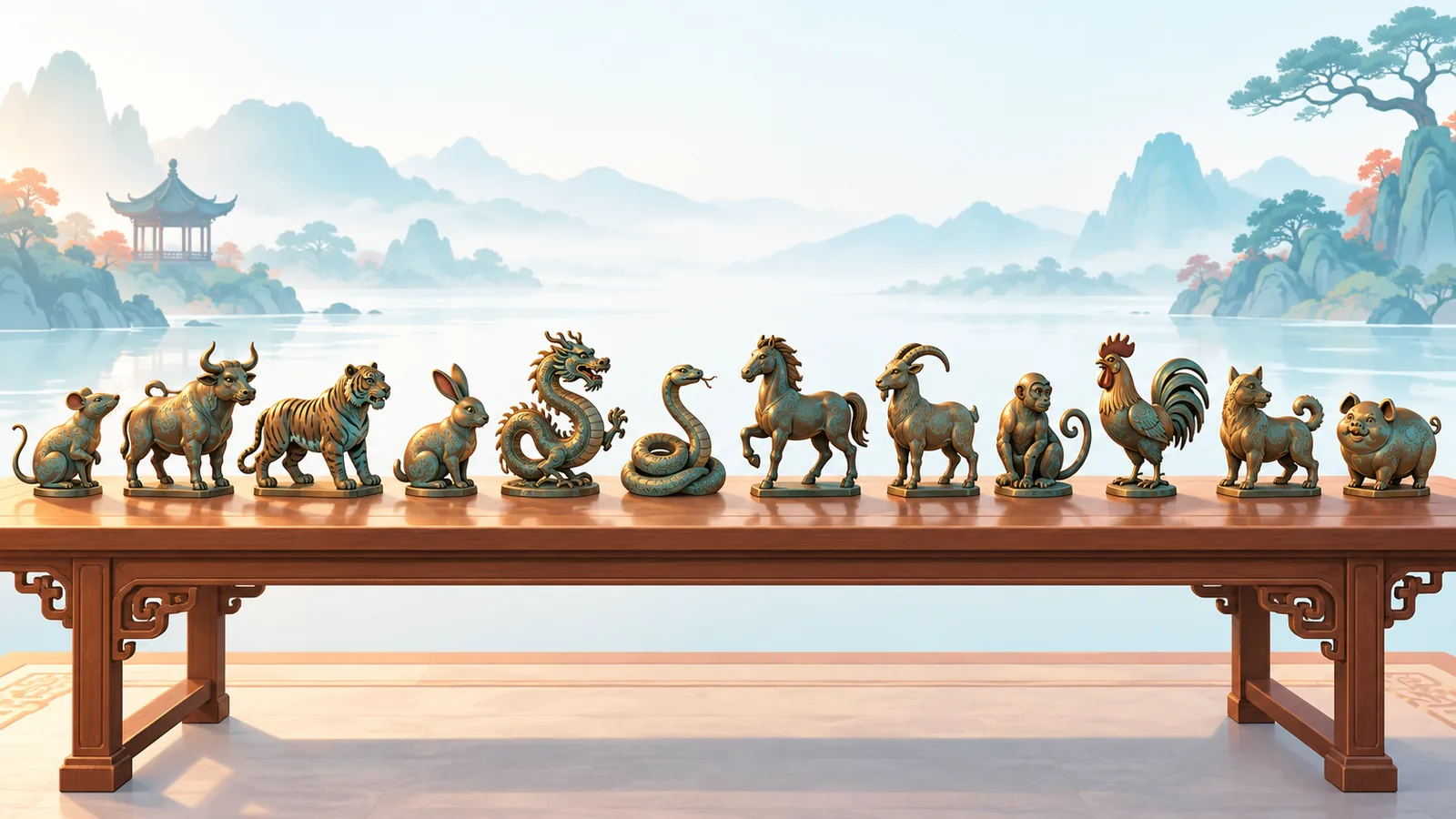 Bronzen figuurtjes van de twaalf dierentekens op een houten tafel