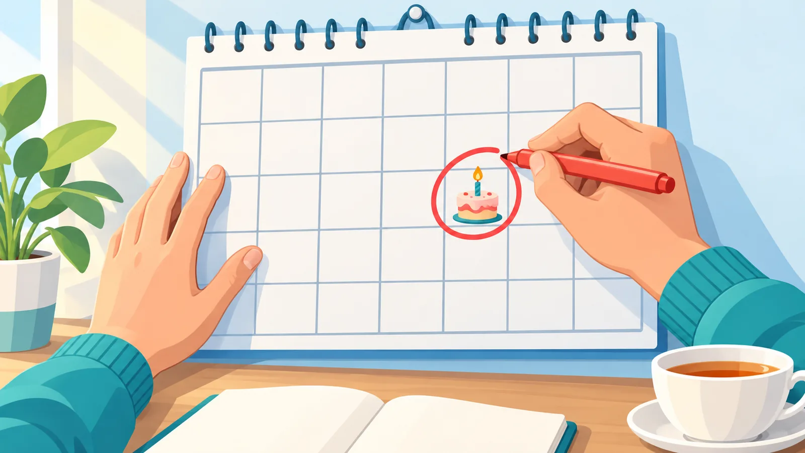 Handen die een geboortedatum op een kalender omcirkelen