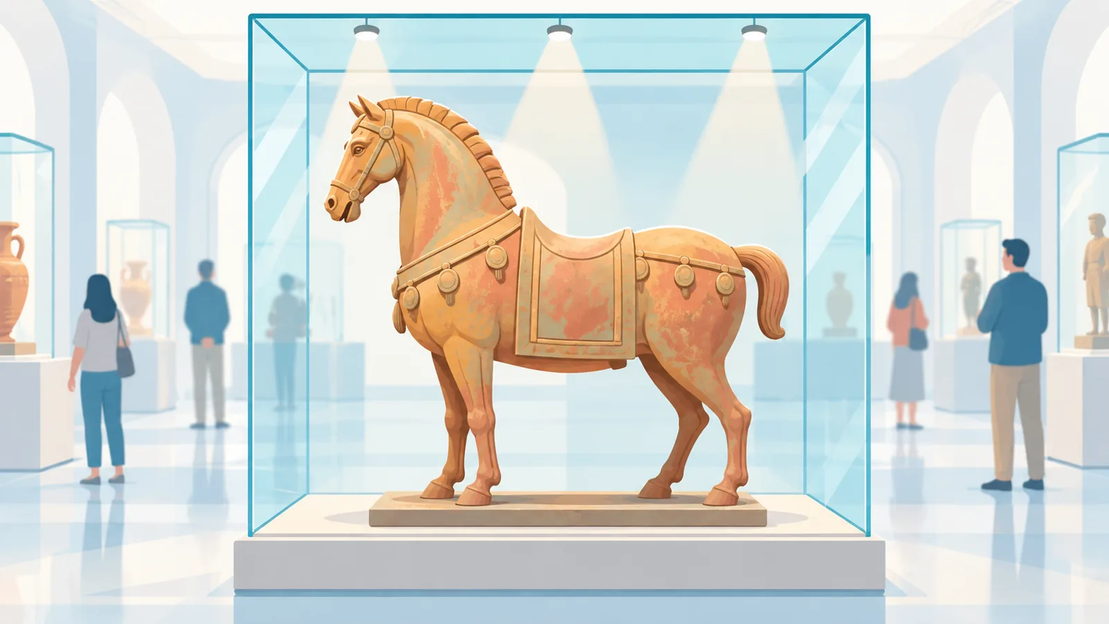 Antiek paardenbeeld in een museumvitrine