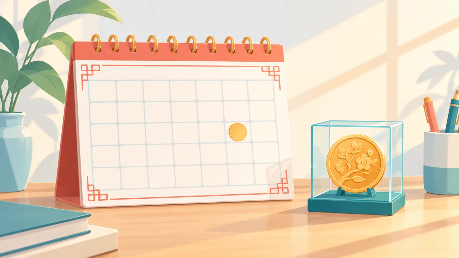 Bureau met een Chinese kalender en een verzamelmunt