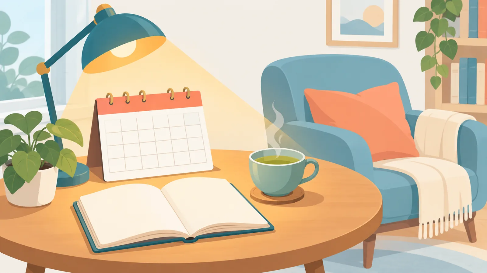 Leeshoek met notitieboek, kalender en een kop groene thee