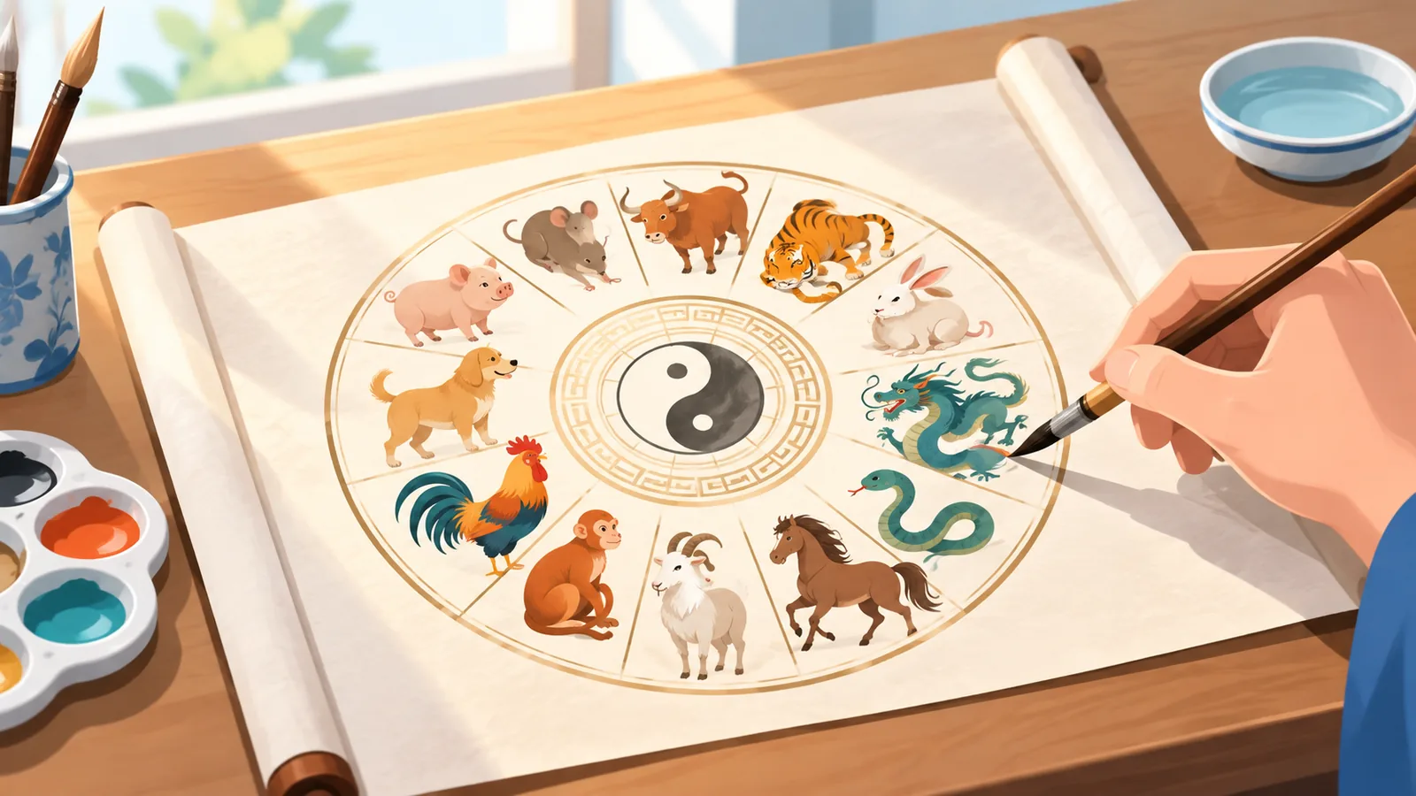 Papieren rol met twaalf dierenriemdieren op een houten bureau