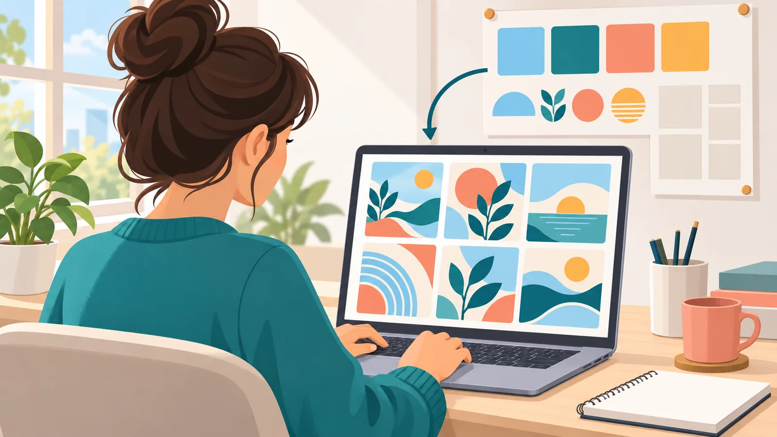 Ontwerper maakt social-mediaposts voor een klant op een laptop