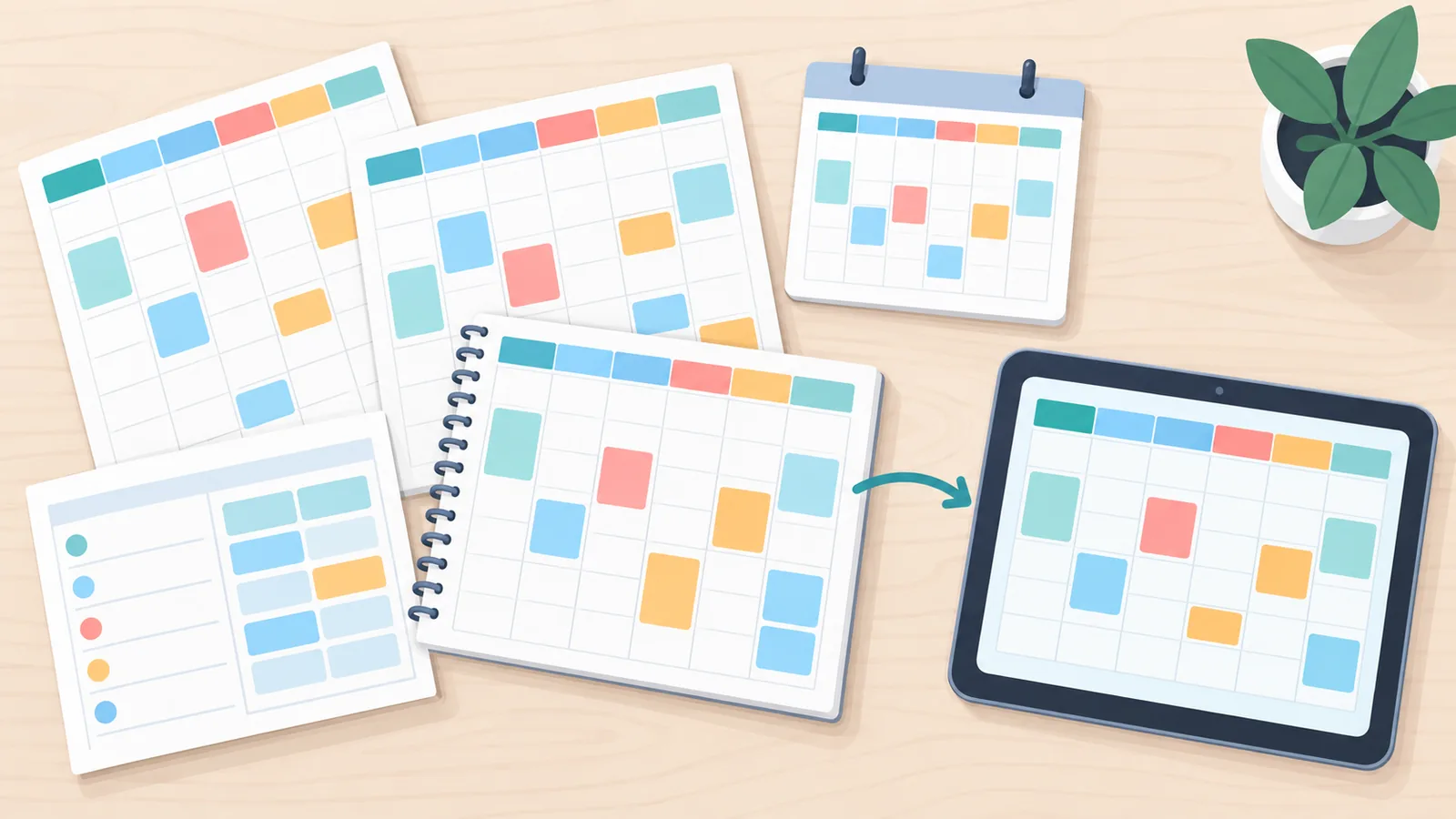 Planners, werkbladen en kalenders op een houten tafel naast een tablet