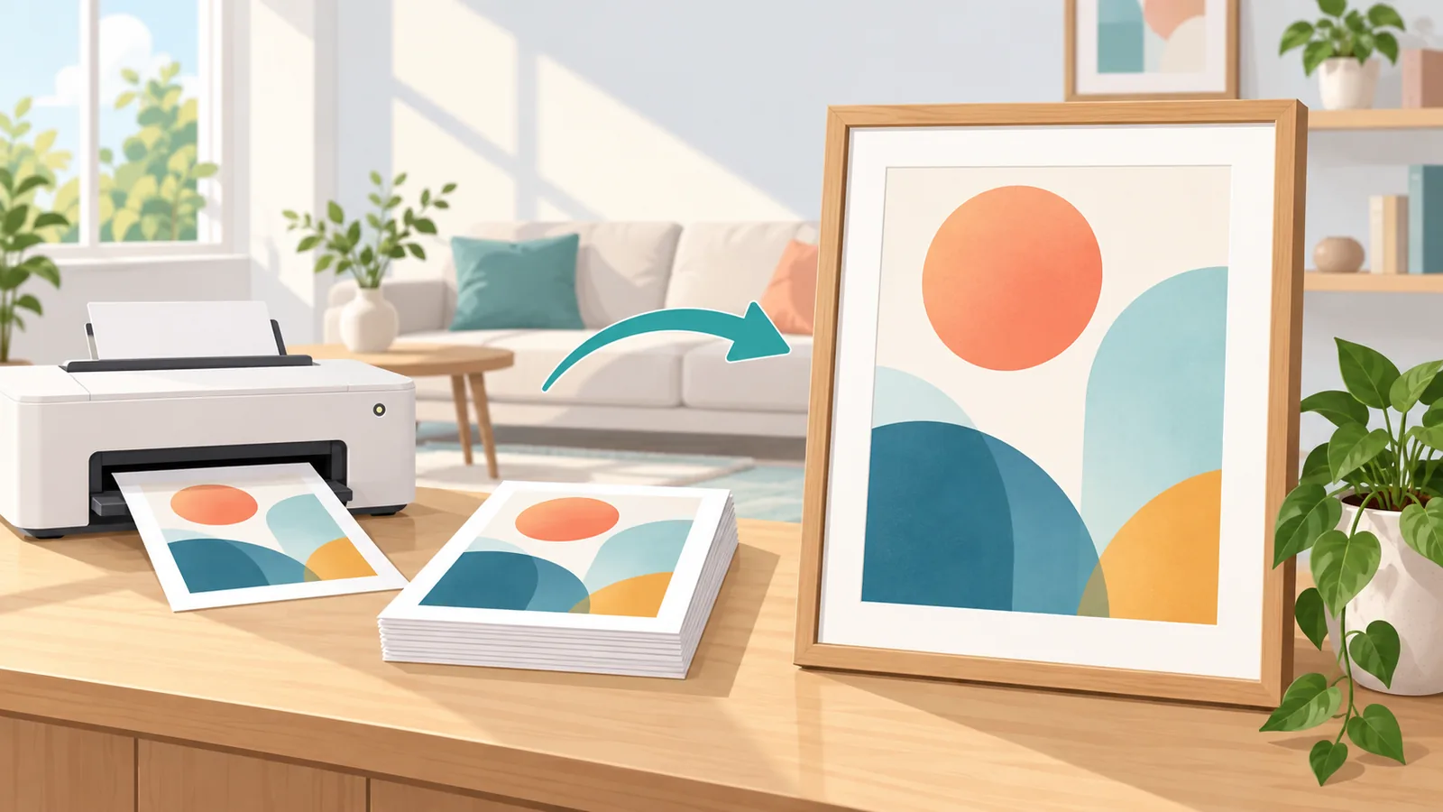 Afgedrukte wanddecoratie naast een printer in een lichte woonkamer