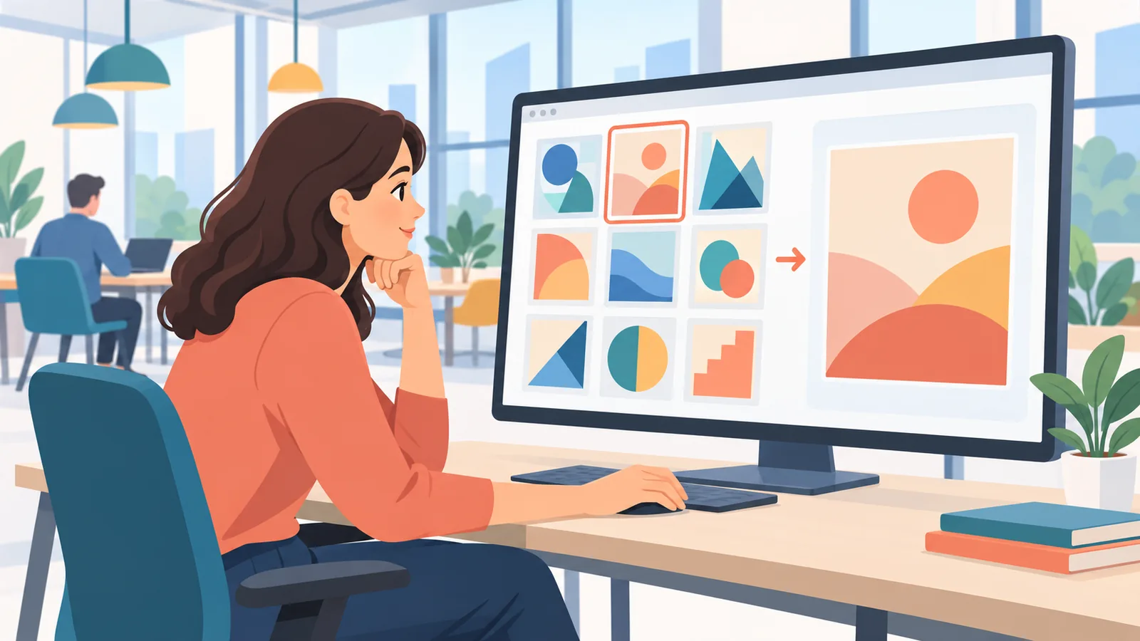 Ontwerper bekijkt een portfolio met templates op een monitor