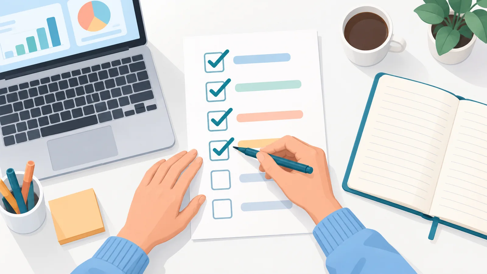 Een checklist wordt afgevinkt naast een laptop