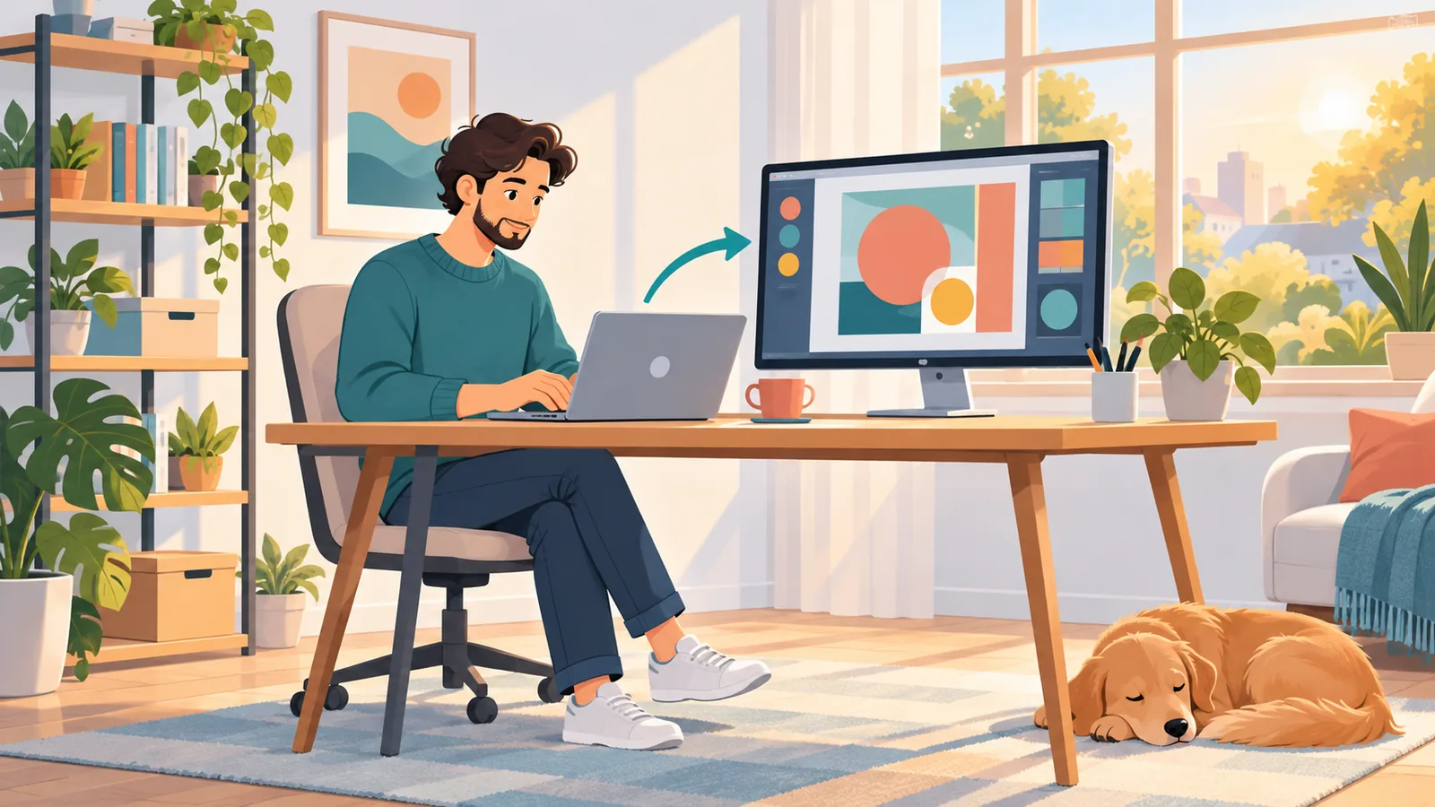 Freelancer werkt aan een opdracht in een gezellige thuiswerkplek