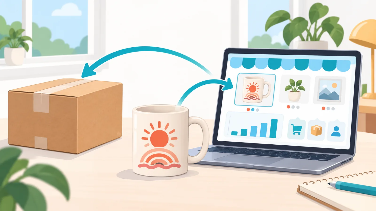 Kleine webshop vanuit huis met pakket en mok