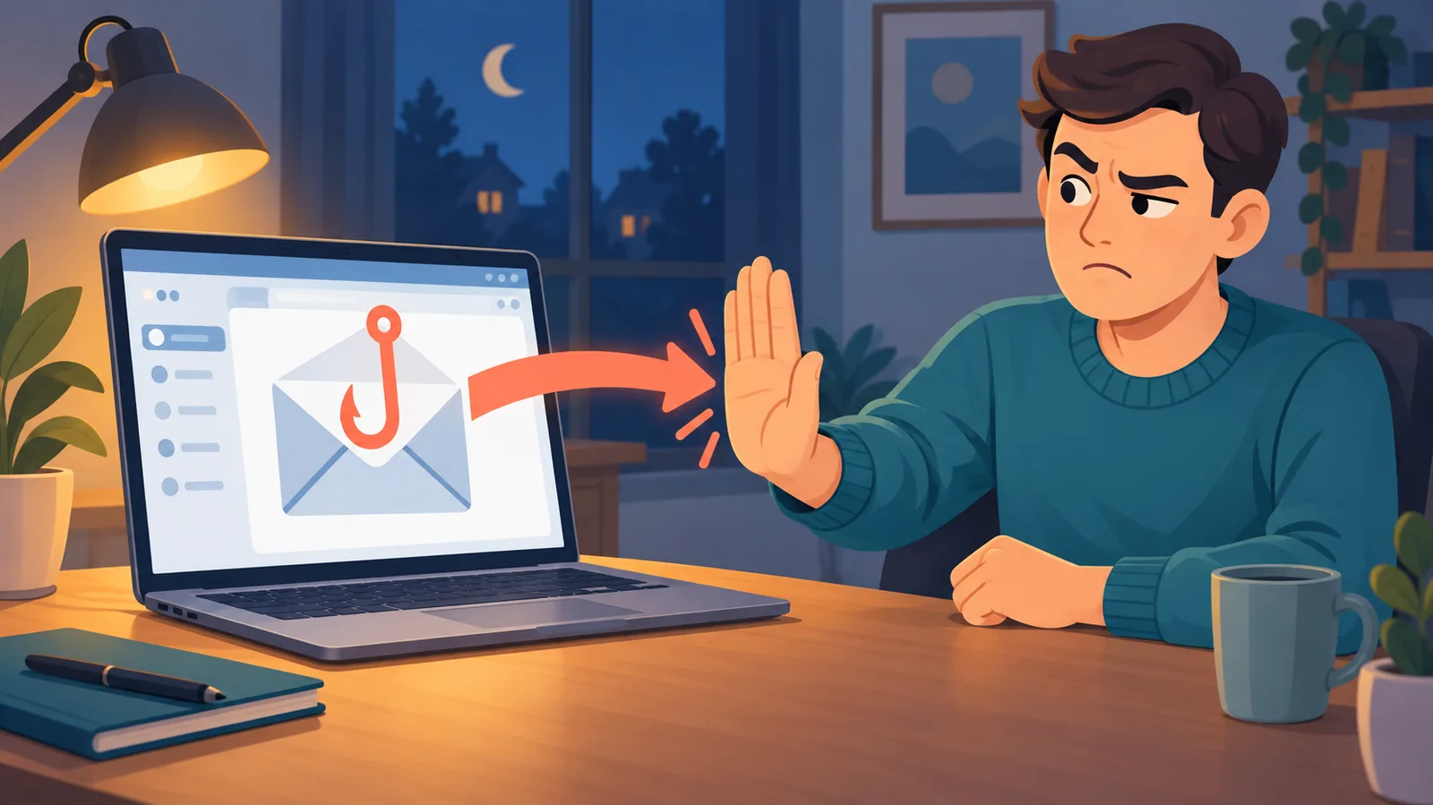 Persoon wantrouwt een verdachte e-mail op de laptop