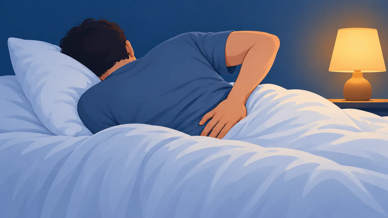 Persoon van achteren in een rustig verlichte slaapkamer 's nachts