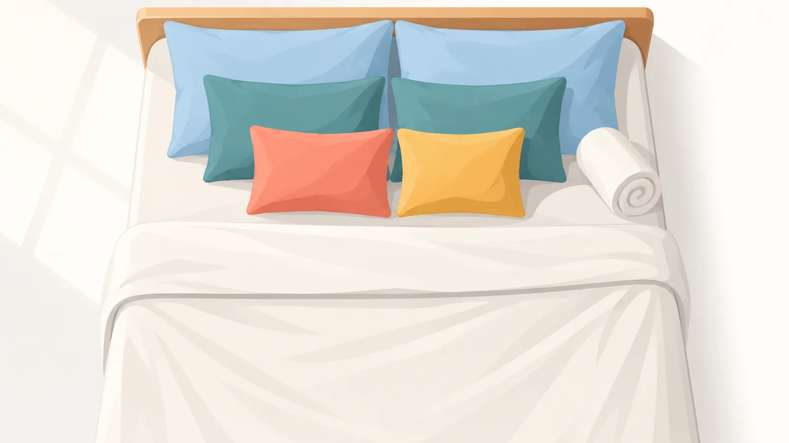 Opgemaakt bed met kussens en een opgerolde handdoek van bovenaf gezien