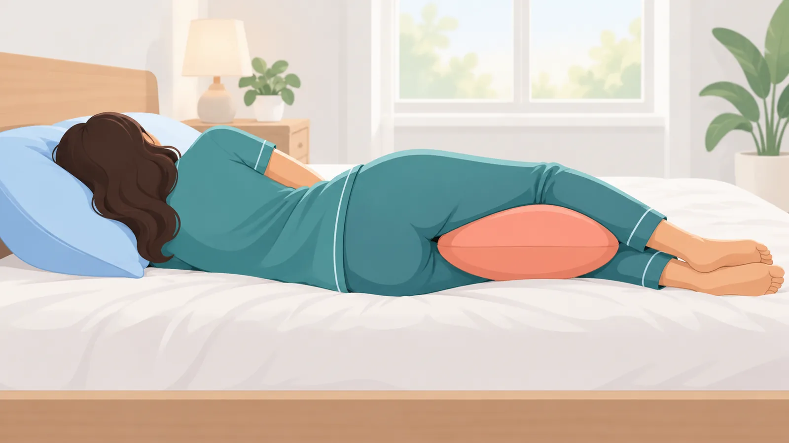 Zijligging in bed met een kussen tussen de knieën