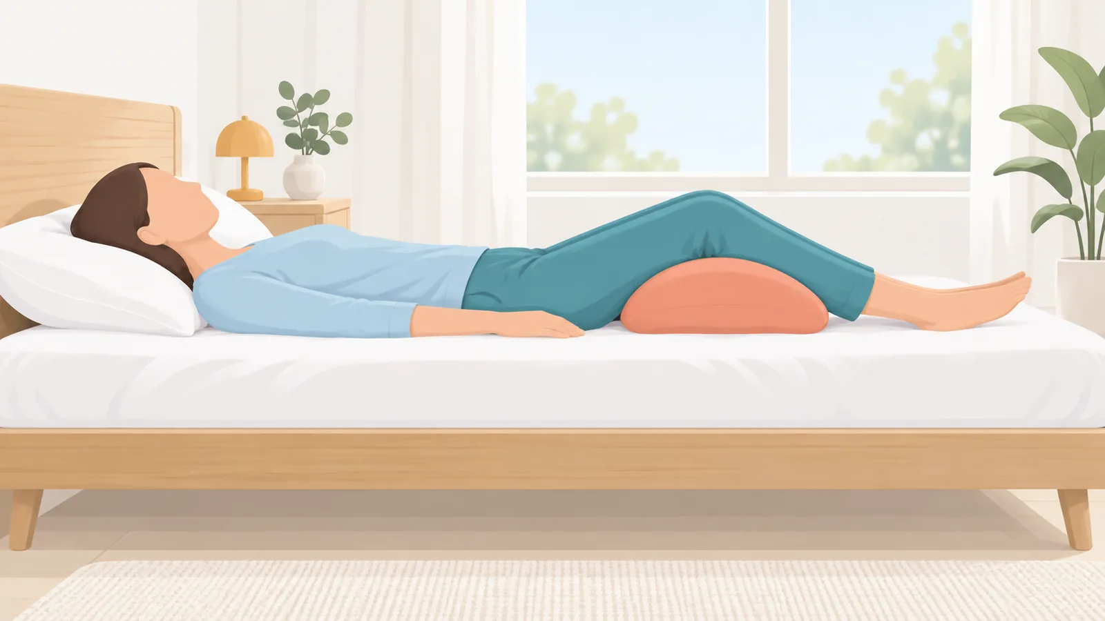 Rugligging in bed met een kussen onder de knieën