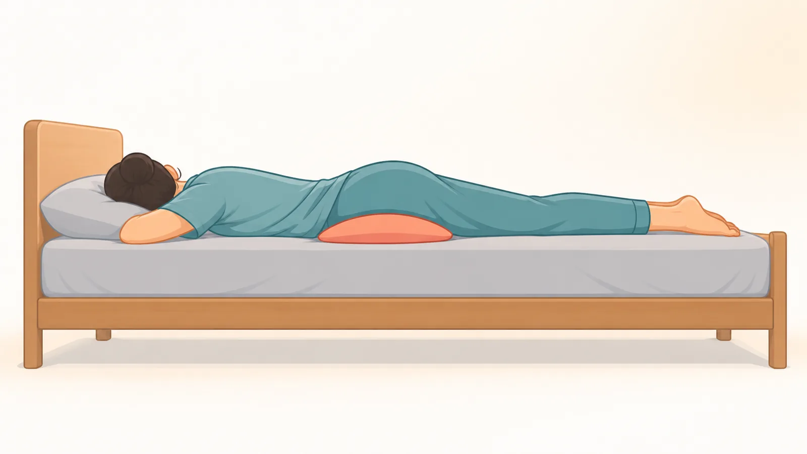 Buikligging in bed met een dun kussen onder het bekken