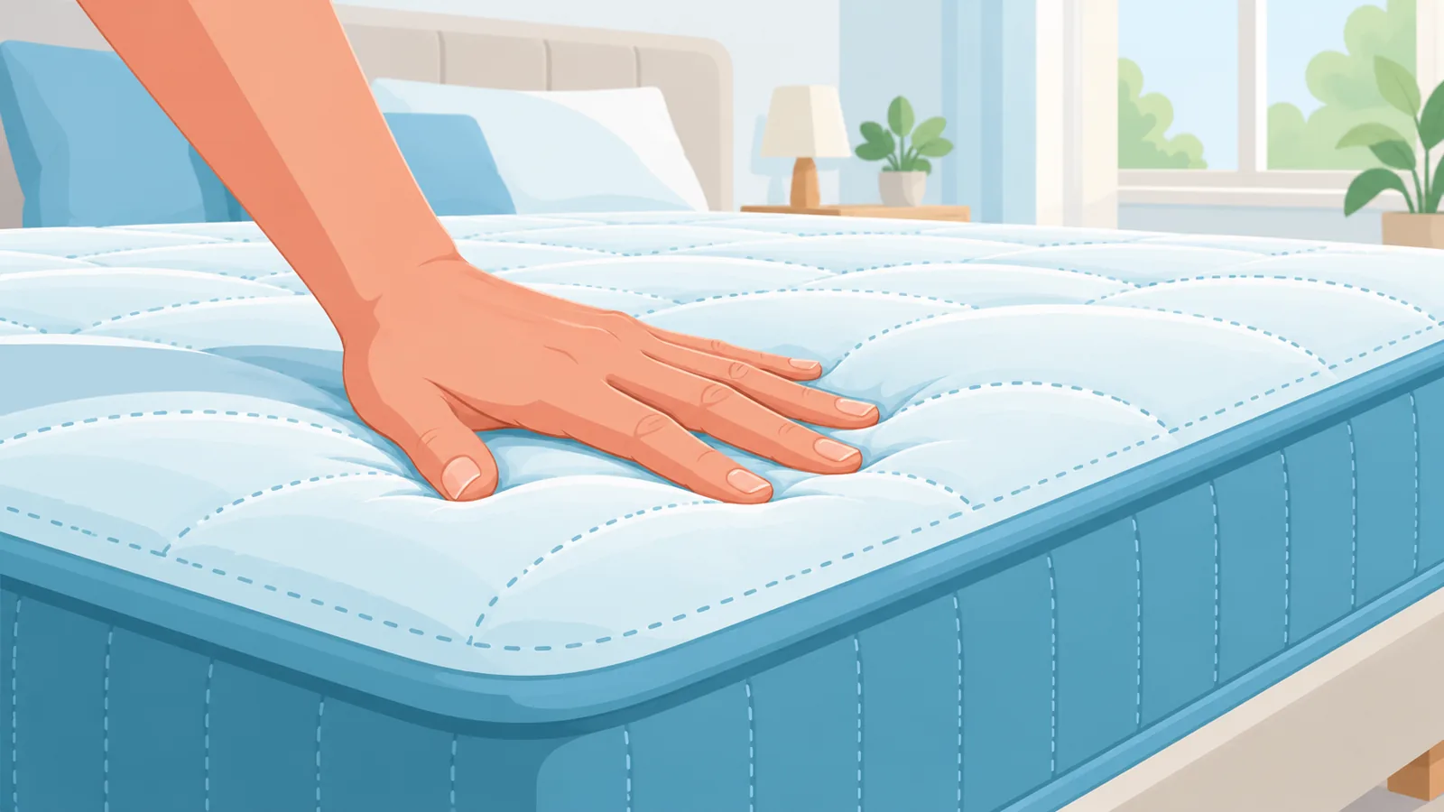 Hand die de stevigheid van een matras test