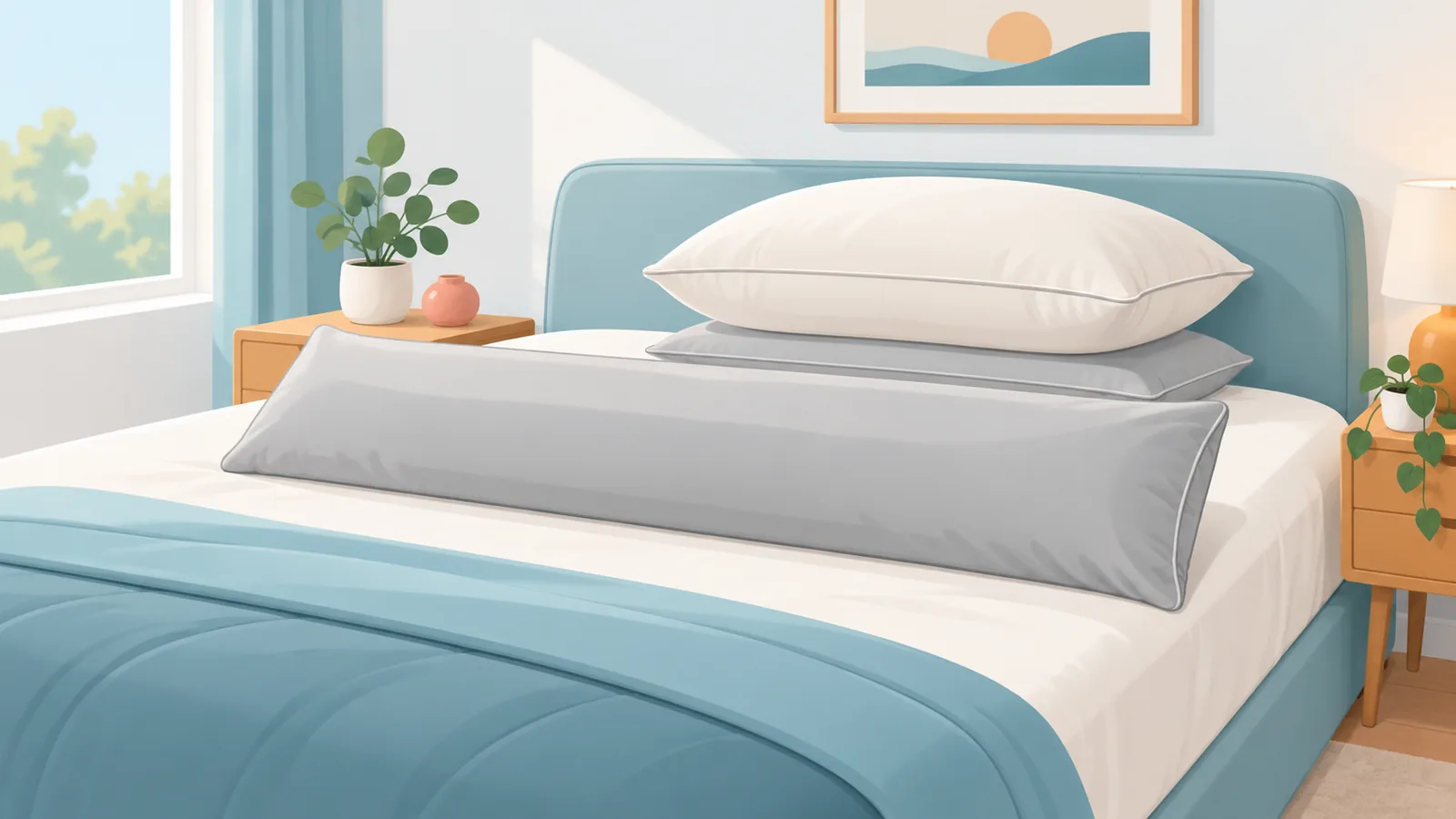 Lichaamskussen en hoofdkussens van verschillende hoogte op een bed
