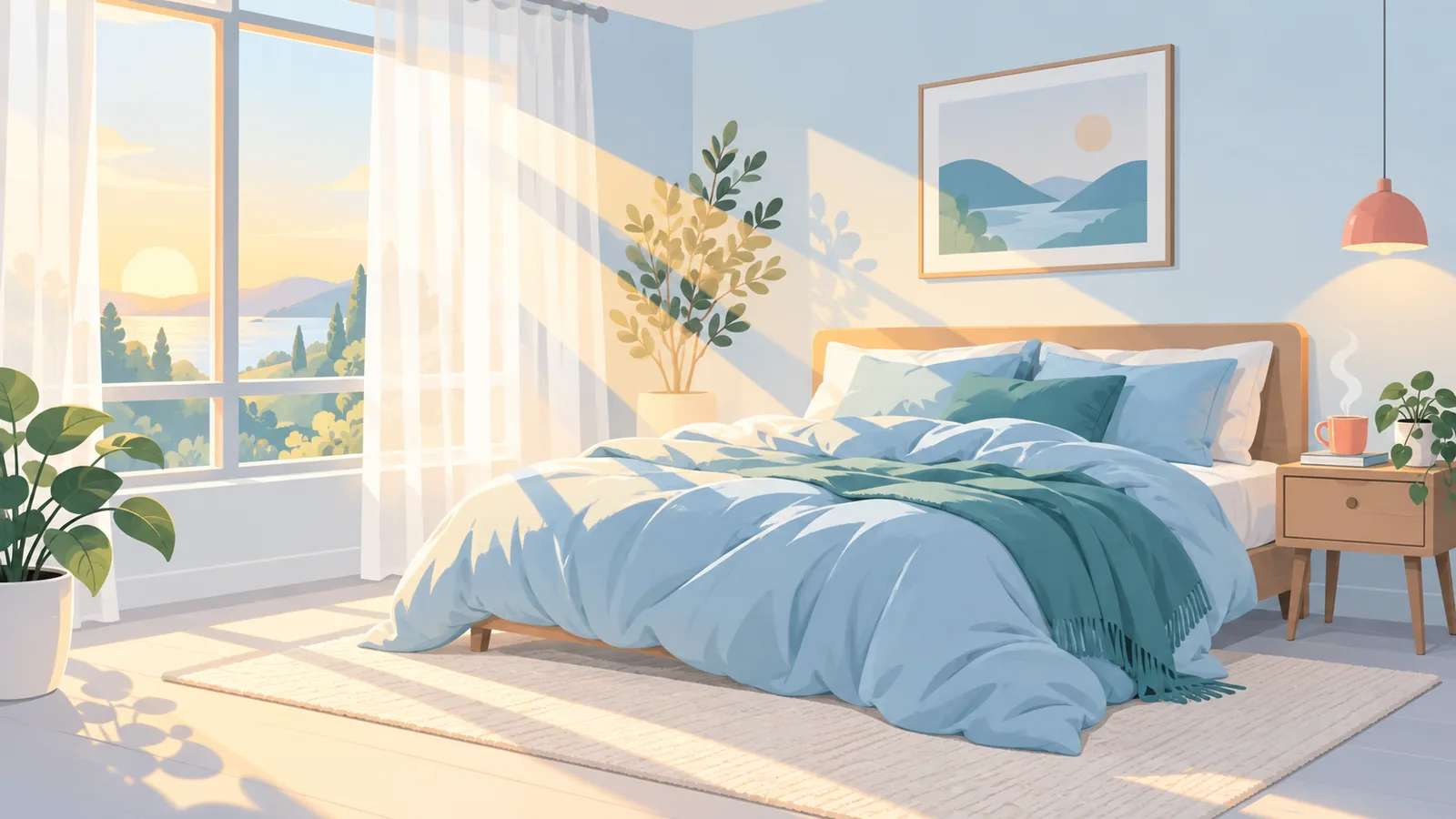 Rustige slaapkamer in het ochtendlicht met een kop thee