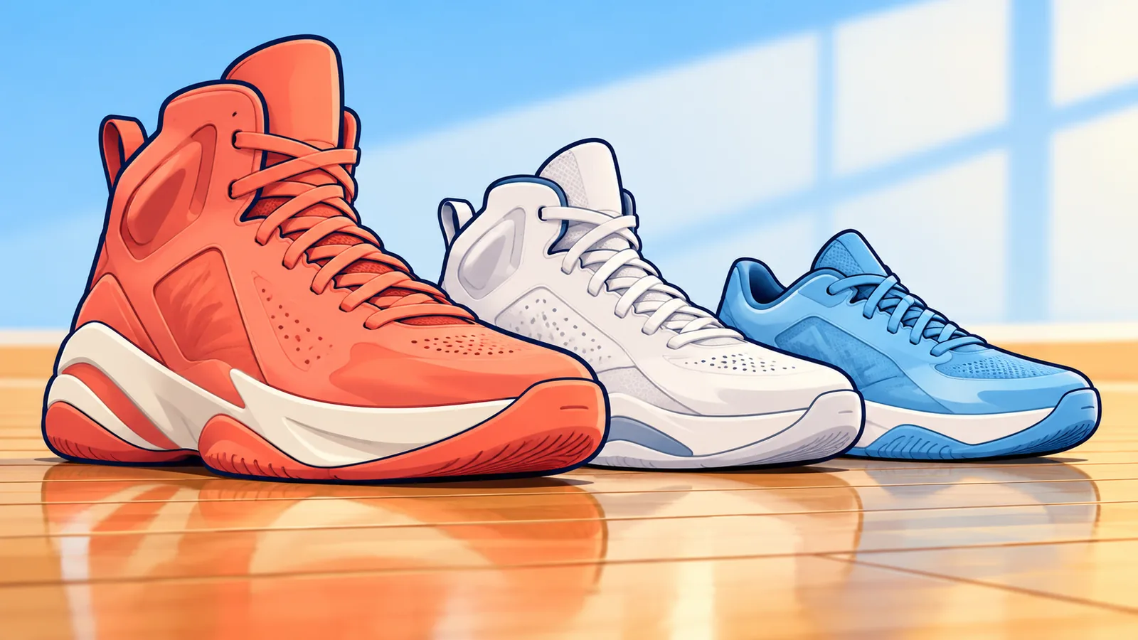 Verschillende basketbalschoenen naast elkaar op een houten vloer