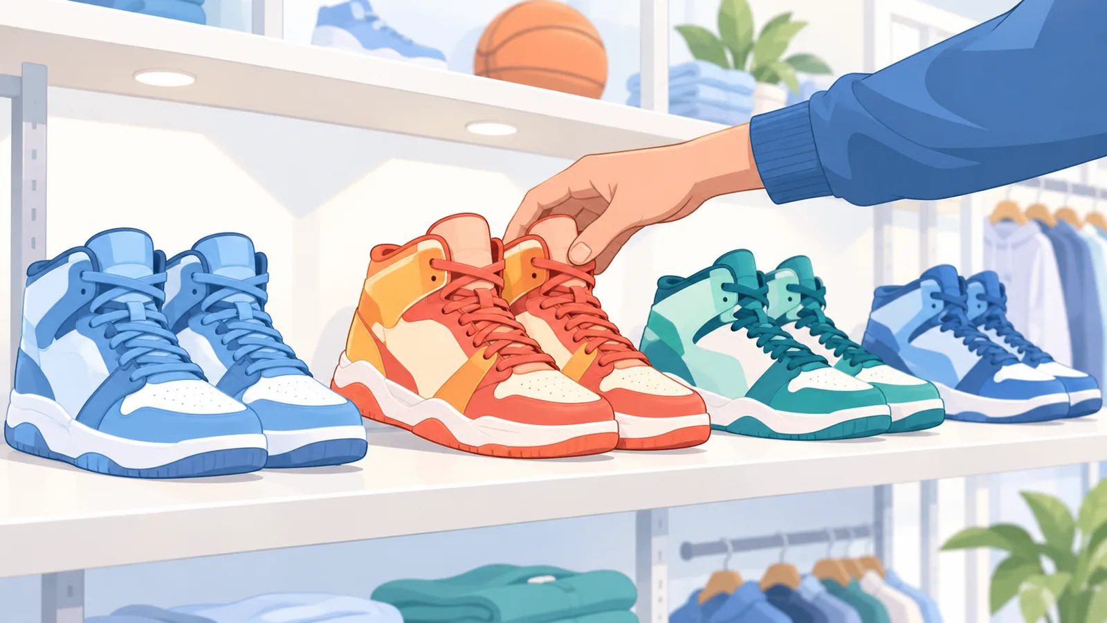 Verschillende modellen basketbalschoenen op een winkelplank