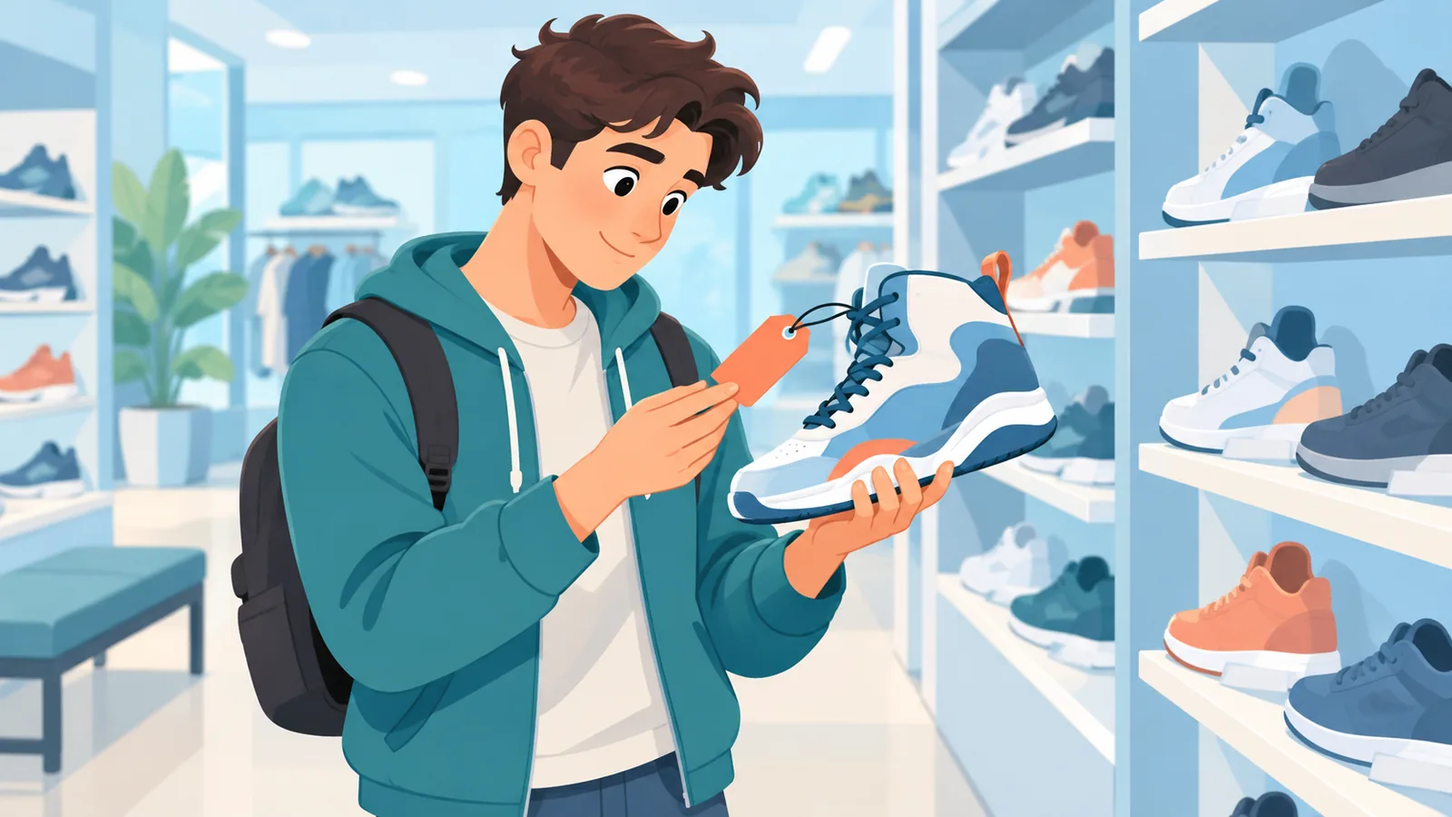 Een persoon vergelijkt prijzen van basketbalschoenen in een winkel