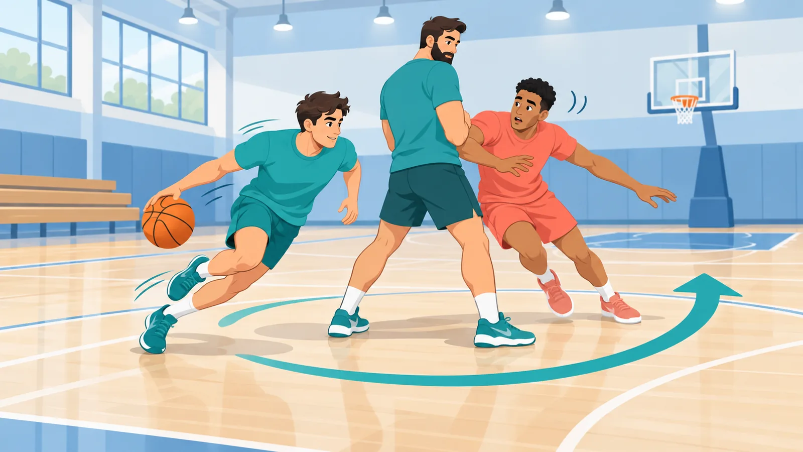 Basketballers in actie op een overdekt veld