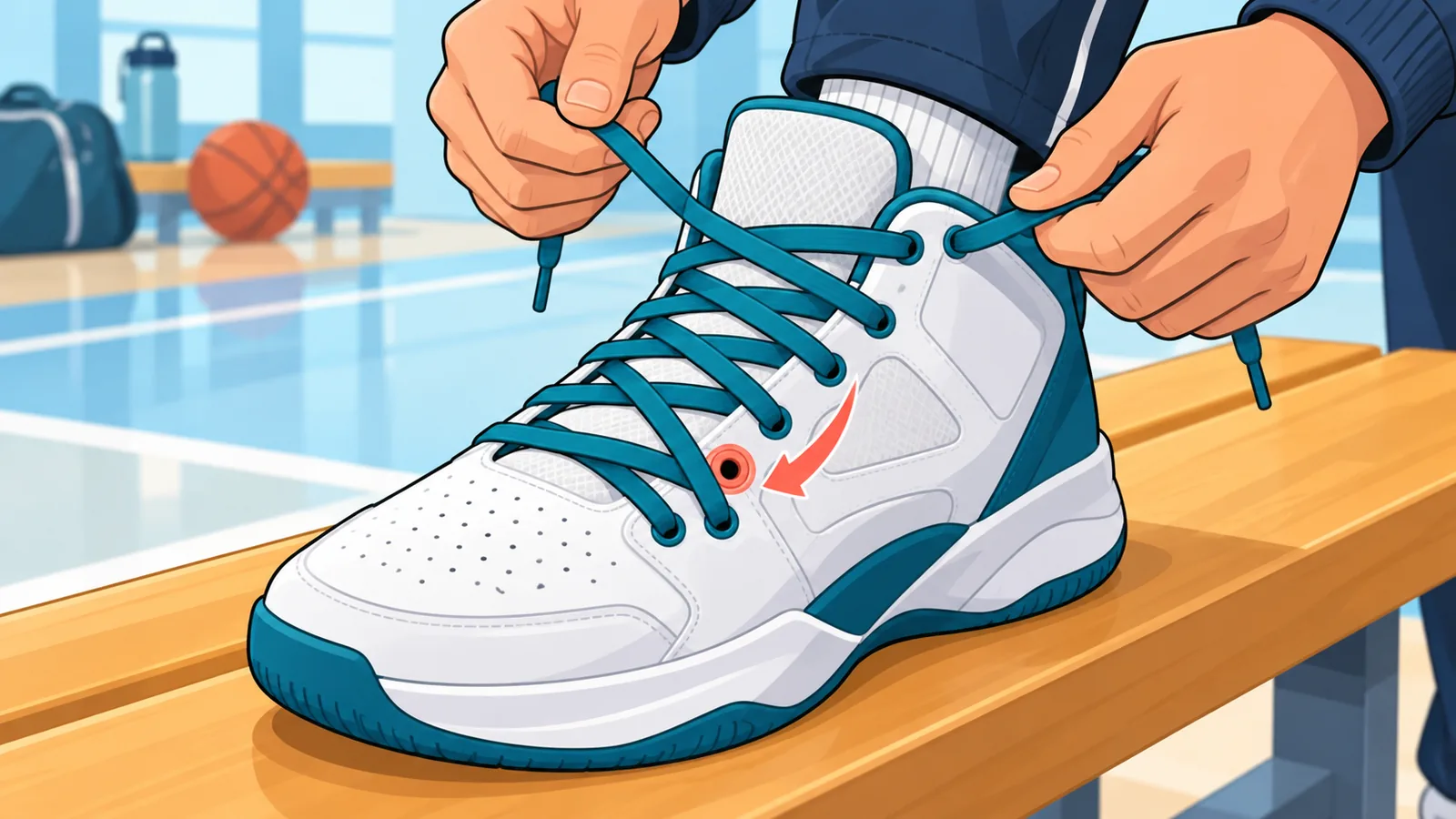 Een speler rijgt de veters van een basketbalschoen