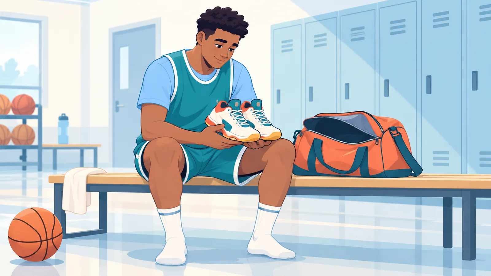 Een speler pakt zijn basketbalschoenen uit een tas
