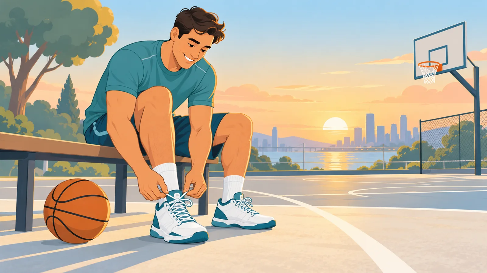 Een tevreden speler met nieuwe basketbalschoenen op het veld