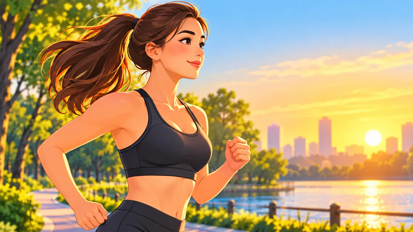 Vrouw die hardloopt in een park bij zonsopgang in een ondersteunende sportbeha
