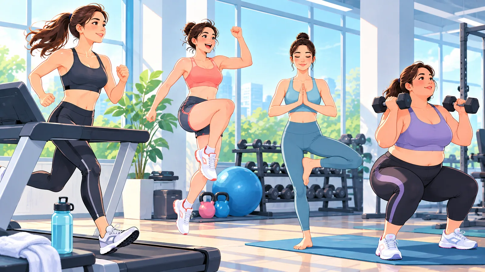 Vier vrouwen die hardlopen, springen, yoga doen en krachttraining doen in een sportschool