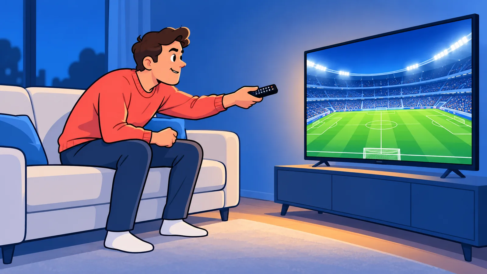 Een kijker op de bank voor een tv met een stadionbeeld