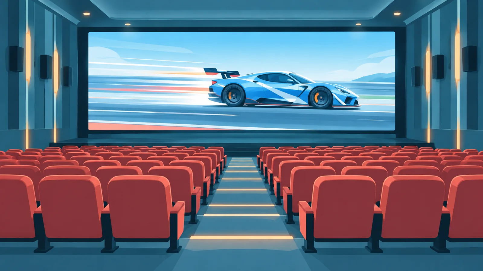 Lege bioscoopzaal met een racewagen op het scherm
