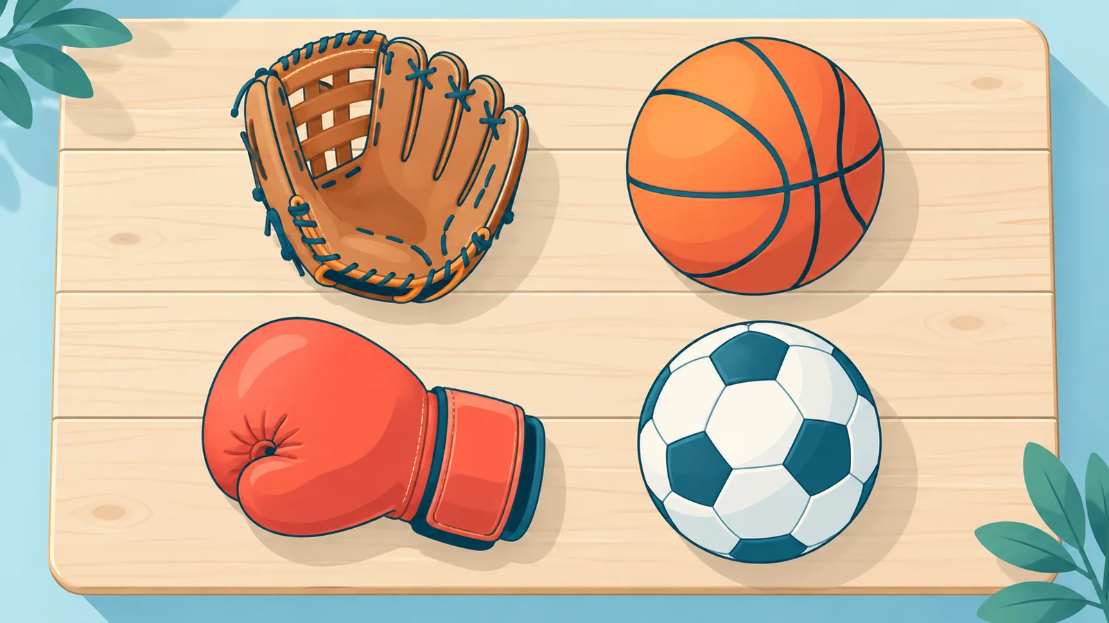 Honkbalhandschoen, basketbal, bokshandschoen en voetbal op een houten tafel