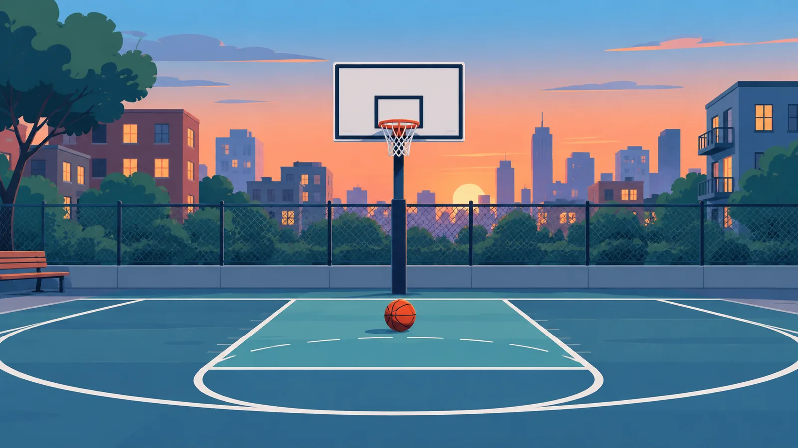 Basketbalveld in een stadswijk met een bal onder de basket