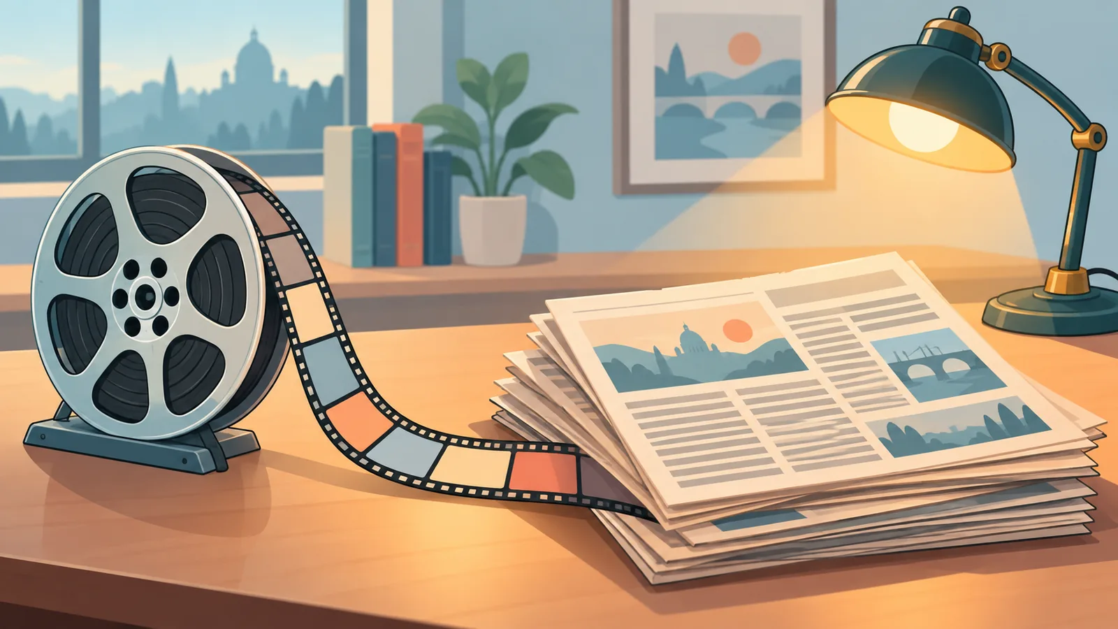 Oude filmrol en krantenknipsels op een bureau