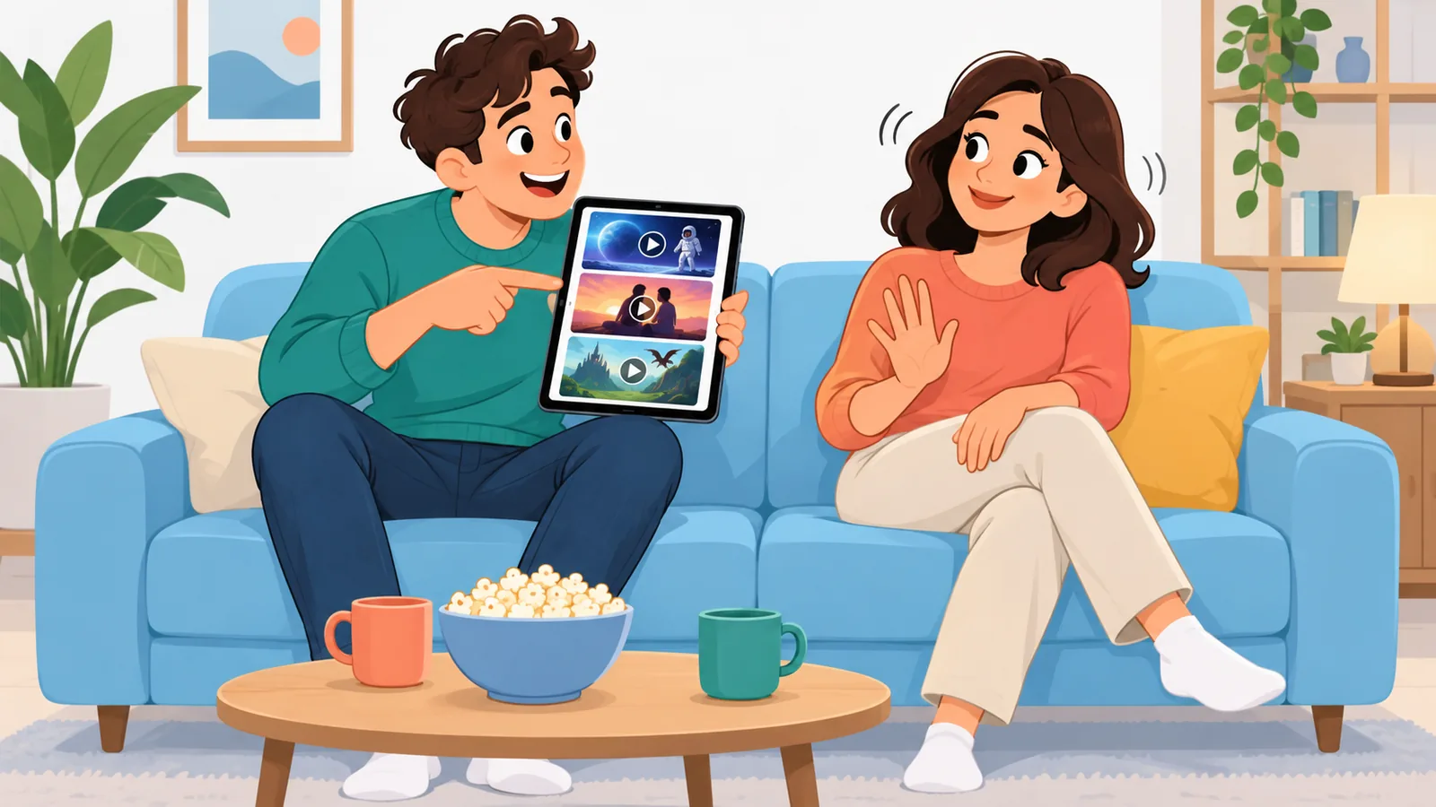 Twee vrienden bespreken een filmlijst op de bank