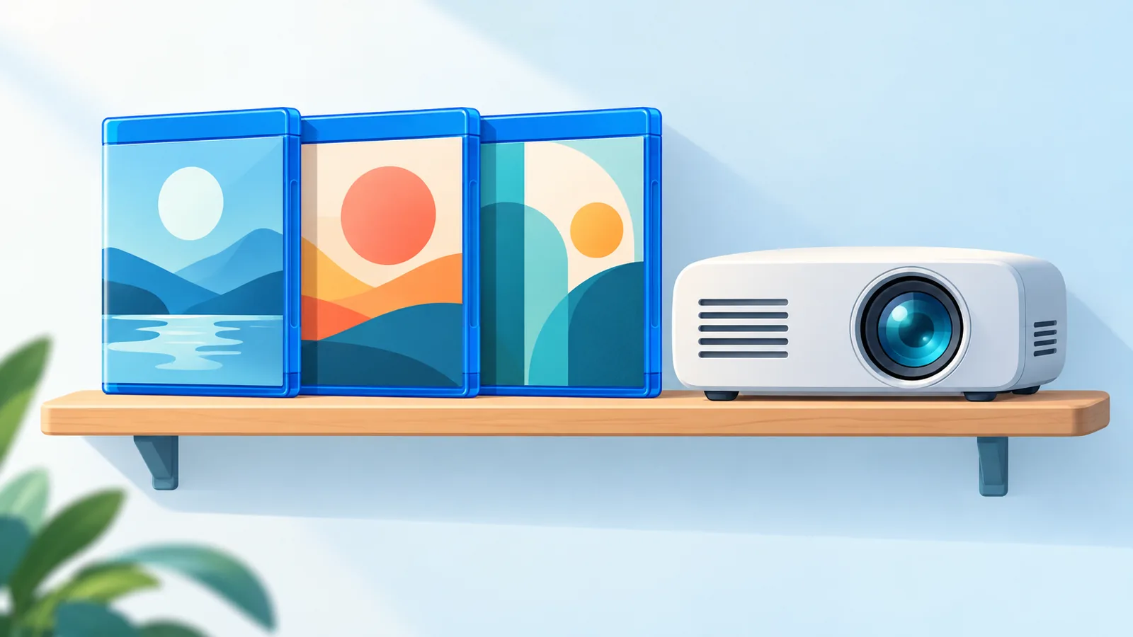 Drie blu-raydoosjes naast een kleine thuisprojector