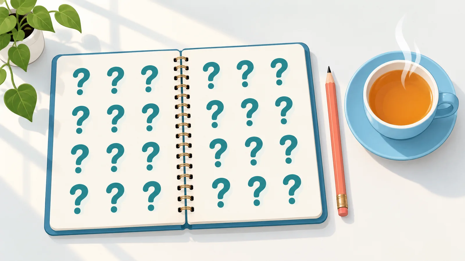Opgeruimd bureau met een notitieboek vol vraagtekens en een kop thee