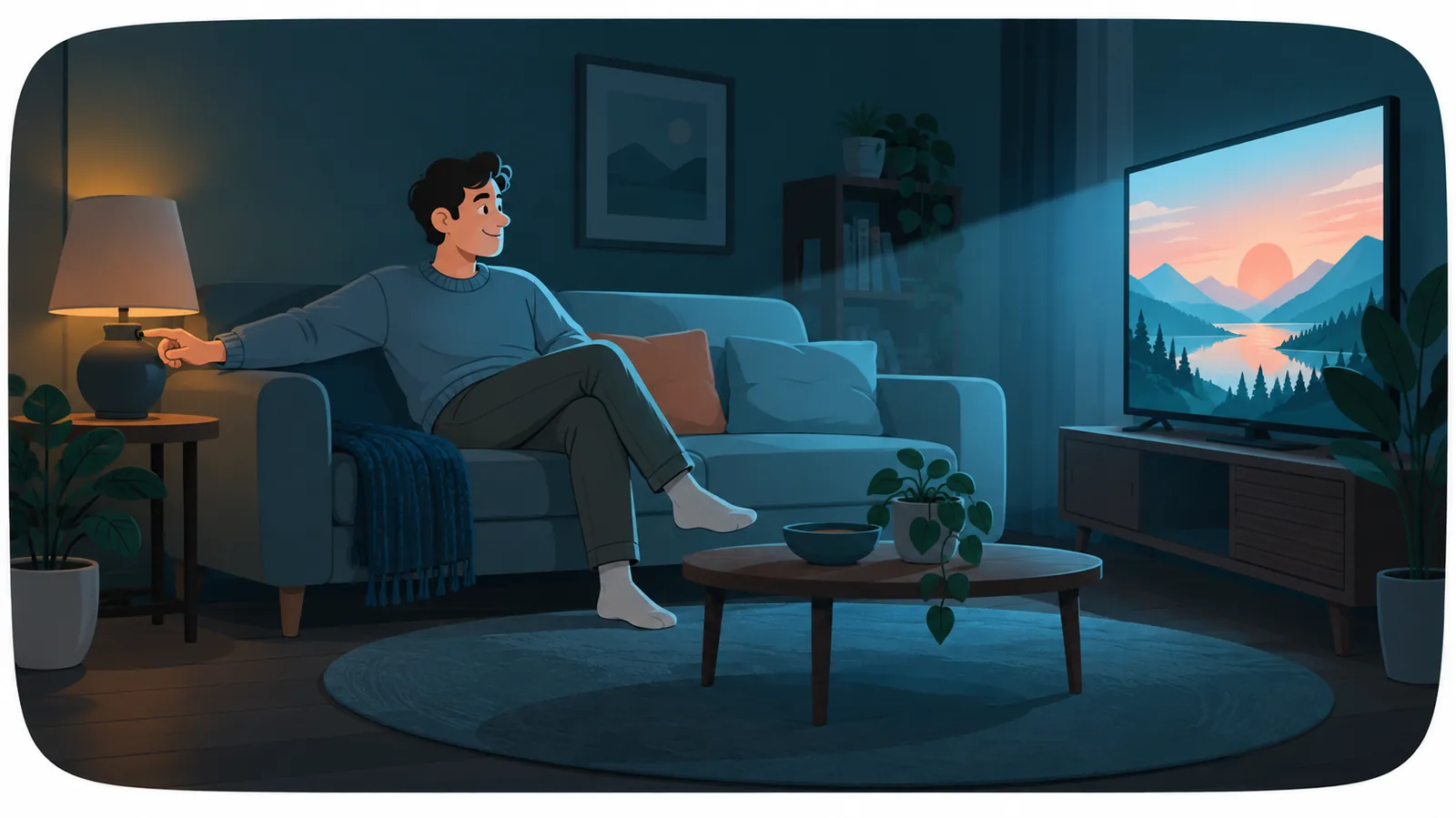 Iemand doet het licht uit terwijl het eerste filmbeeld op de tv verschijnt