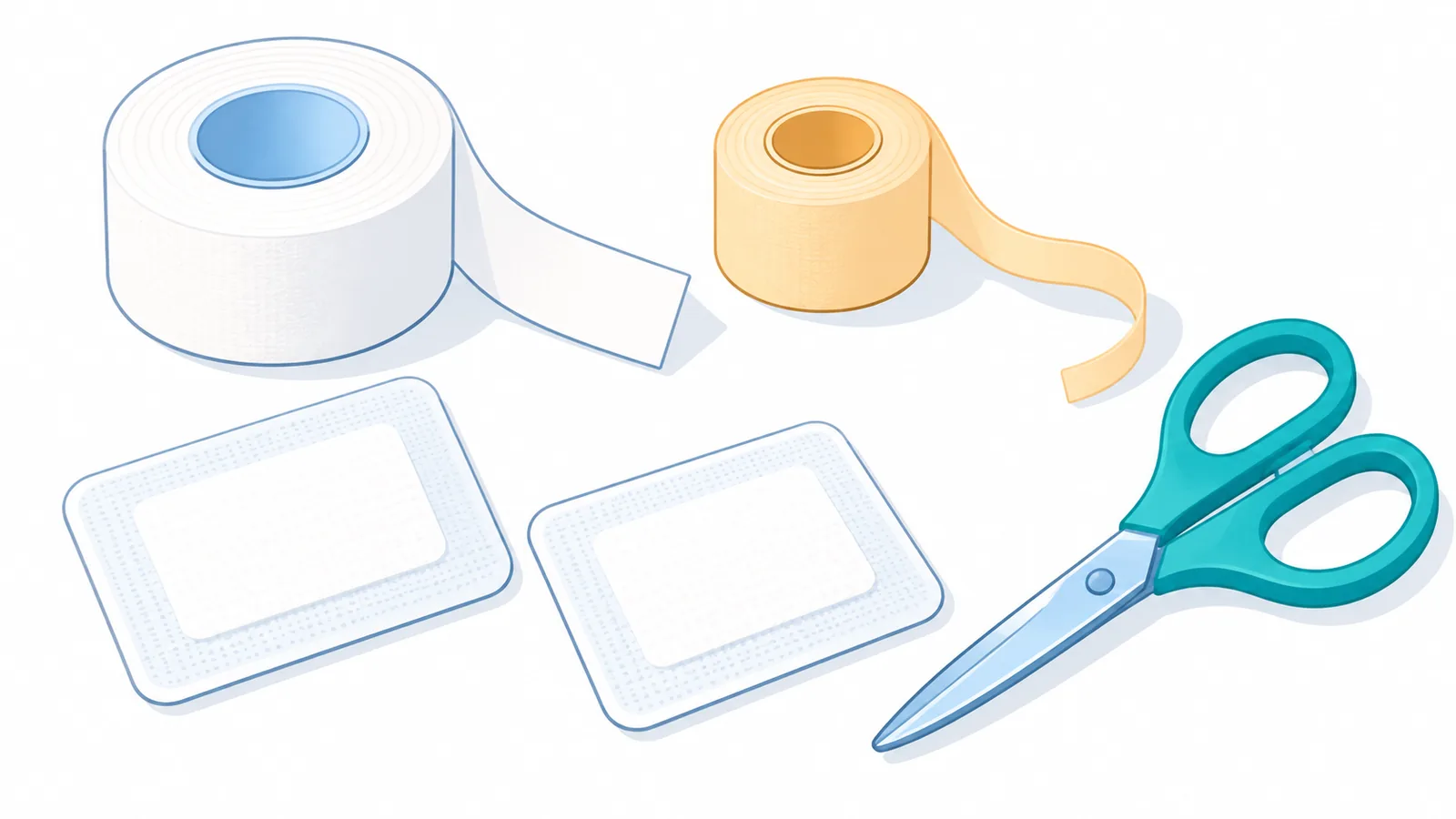Sporttape, prelap en niet-klevende pads op een tafel